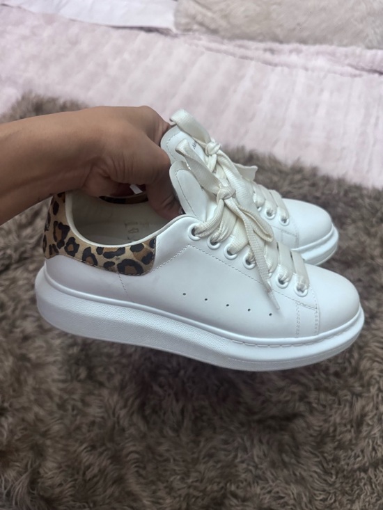 Alexander McQueen Shoes - Alexander McQueen White Platform Sneakers with Leopard Heel Tab
